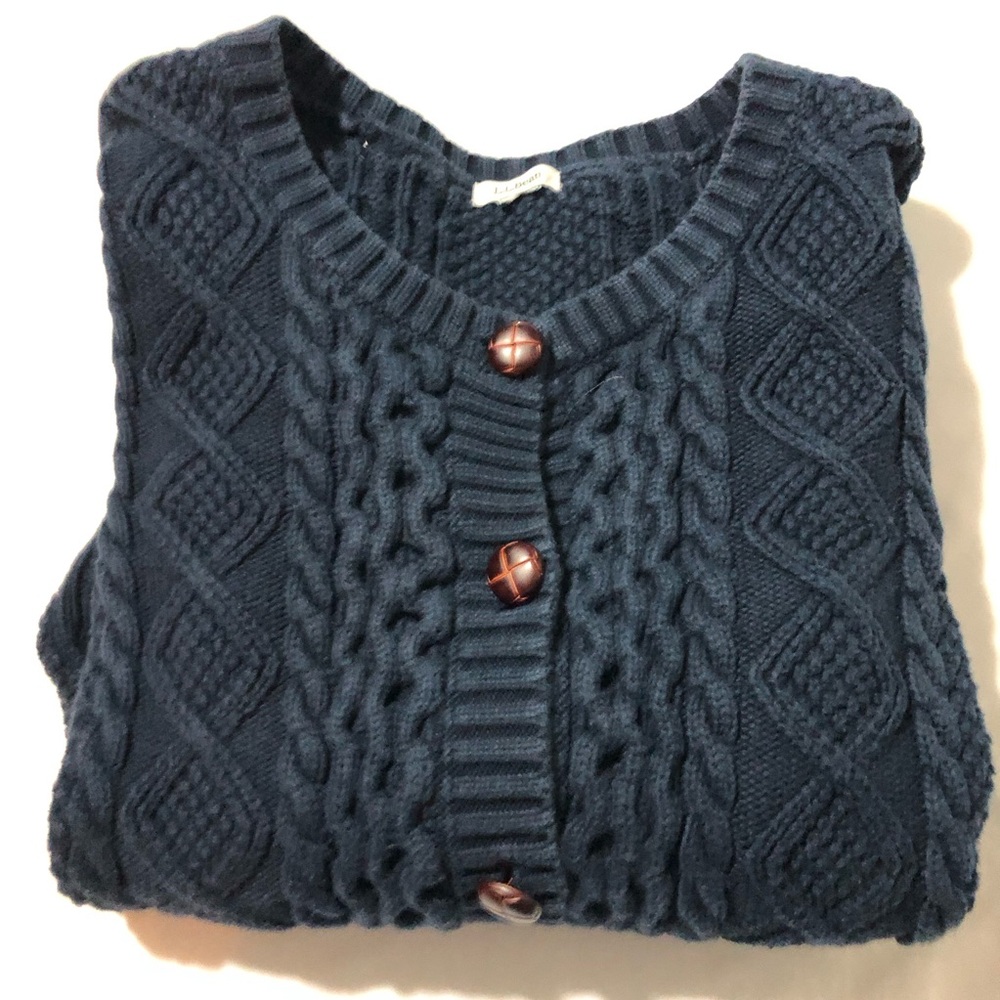 LL bean womens navy cable knit fisherman cotton cardigan woven buttons M preppy - Picture 1 of 10